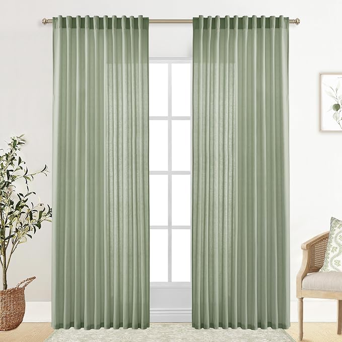 Sage Green Linen Sheer Curtains 84 Inch 70 Inch Wide 2 Panels
