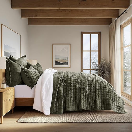 RECYCO Channel Box Stitch Velvet Quilt Set, Twin/Twin XL Size, Olive Green | Ultra Soft Lightweight Velvet Comforter, Luxury Oversized Bedspread Coverlet, Quilted Bedding Set for All Season with 1 Sham