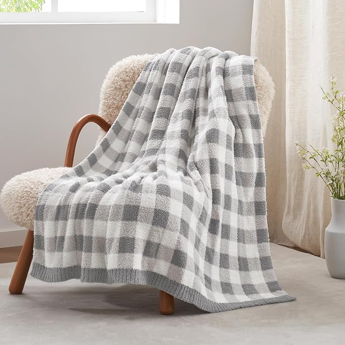 Snuggle Sac Buffalo Plaid Bedding Blanket Twin Size, Super Soft, Cozy Warm Knit Decorative Blankets, Reversible Plaid Fluffy Throws for Bed, Plaid Grey, 60x80 Inches