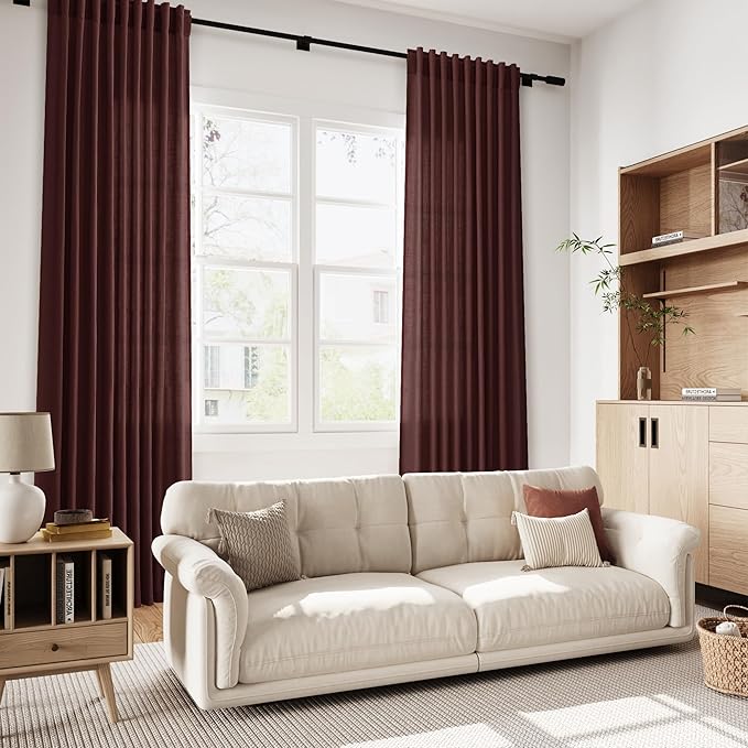 Reddish Brown Linen Curtains 84 Inch Length 2 Panels Set for Living Room Back Tab Light Filtering Semi Sheer Curtain for Bedroom Farmhouse Drapes, 52x84 Inch, 2 Panels