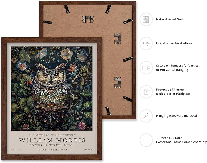 Poster Master William Morris Poster - Owl Print - Bird Art - Botanical Art - Flower Design - Exhibition Artwork - Animal Illustration - Floral Illustration - Aesthetic Design - Office or Bedroom Decor - 11x14 Brown Framed