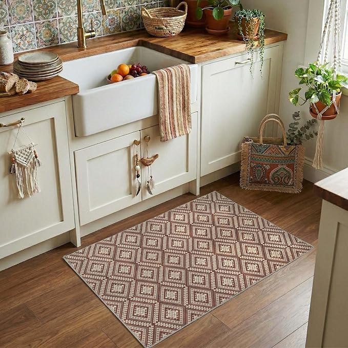jinchan 2x3 Faux Jute Area Rug Washable Tile-Inspired Rug, Terracotta Brown | Vintage Geometric, Non-Slip, Low Pile, Indoor Outdoor, High-Traffic, Kitchen, Entryway, Bathroom, Laundry Room, Porch Balcony