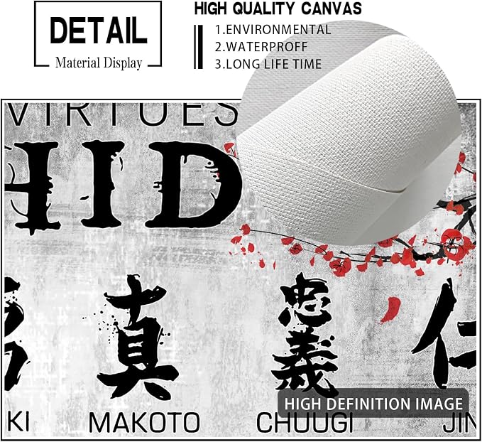 Japanese Samurai Wall Art 7 Virtues Bushido Inspirational Pictures Wall Decor Japanese Warrior Canvas Prints Framed Modern Painting Artwork For Bedroom Office Living Room Bathroom Dining Room 12x16