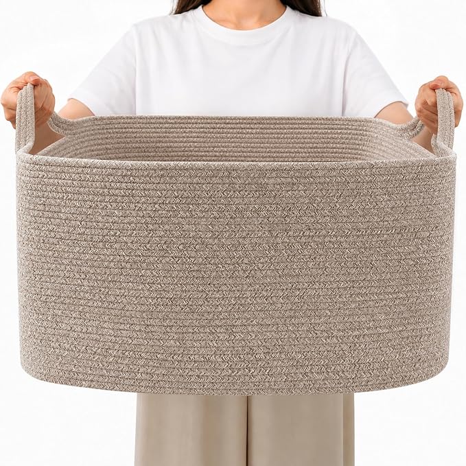 96L Woven Laundry Basket with Handles, Extra Blanket Basket,Brown | 24"×16"×15" Collapsible Cotton Rope Storage Basket for Toys Clothes & Pillows, Nursery, Bathroom, Bedroom, Living Room