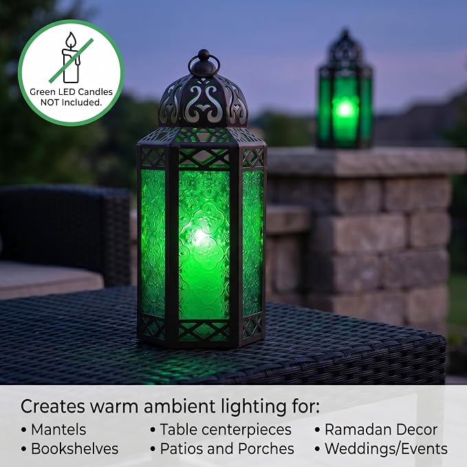 Vela Lanterns Decorative Indoor Candle Holder Table Centerpieces - Moroccan Hanging Outdoor Patio & Porch Home Decor, Turkish Lamp for Wedding, Ramadan (Large 12", Green Glass)