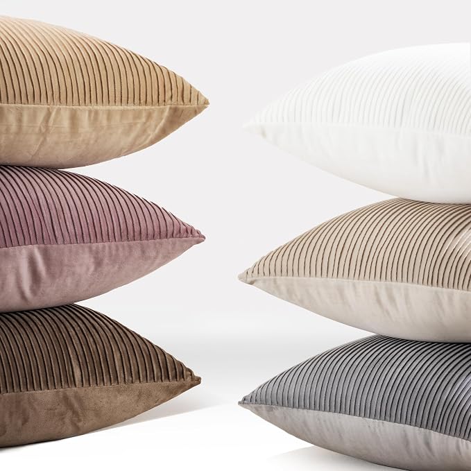YCOLL Beige Pillow Covers 16x16 Set of 2 Velvet Striped Pattern - Soft Throw Pillows for Home Decor, Luxury Decorative Pillow Covers for Couch, Bed,Living Room