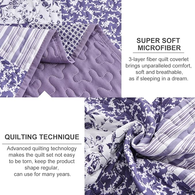 Mybedsoul Boho Quilt King Size, Patchwork Floral Bedding Set, Purple | Soft Lightweight Microfiber Coverlet Set, 3 Pieces Plaid Reversible Bedspread, Bed Sets for All Seasons 90"x110"