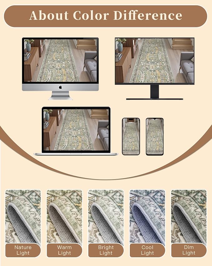 Madane Washable Runner Rug 2x6 Runners for Hallways Non Slip, Green/Gold | Vintage Stain-Resistant 6 Feet Kitchen Rug, Soft Low-Pile Ultra-Thin Floor Carpet Mat for Bathroom Laundry Room Bedroom 2x6ft