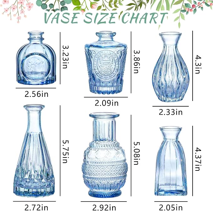 SUPMIND Blue Glass Bud Vases Set of 6, Small Flower Vases for Centerpieces | Mini Vintage Vase in Bulk for Wedding, Baby Shower, Home Decor, Table Decoration