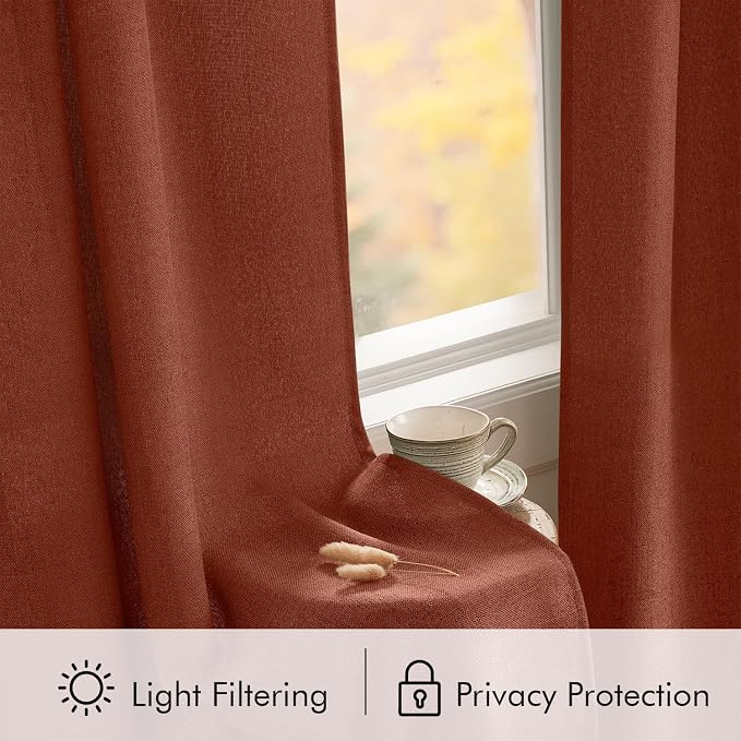 MIULEE Faux Linen Curtains 84 Inch Length 2 Panels Natural Burnt Orange Semi Sheer Curtain with Back Tab Rod Pocket, Light Filtering Window Privacy Burlap Drapes for Living Room Bedroom 42W x 84L