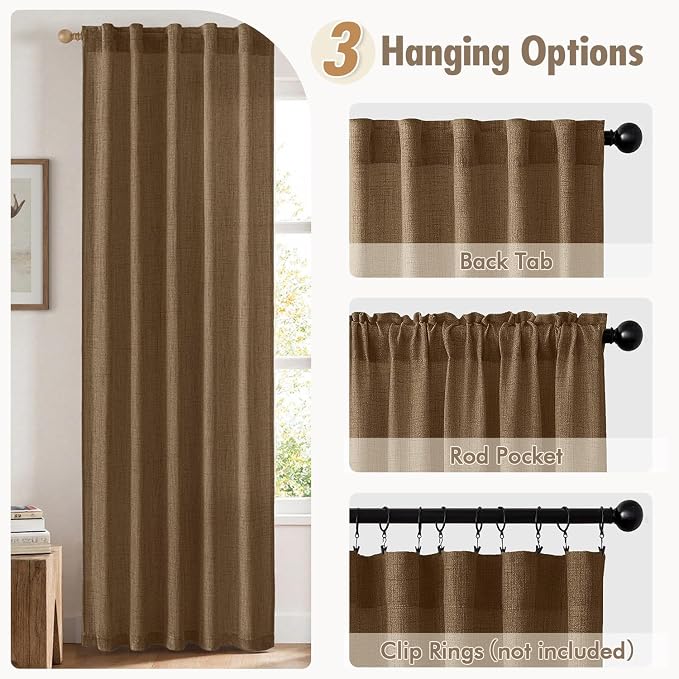 MIULEE Faux Linen Curtains 63 Inch Length 2 Panels Natural Semi Sheer Curtain with Back Tab Rod Pocket, Light Filtering Window Privacy Burlap Drapes for Living Room Bedroom 42W x 63L Brown