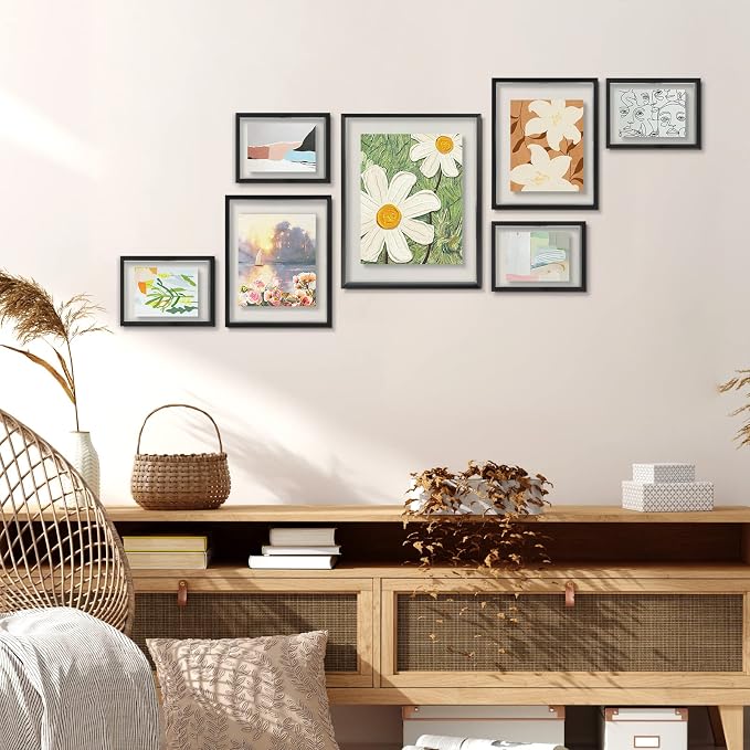 Golden State Art 7 Pack Aluminum Floating Frames Included 5x7 8x10 11x14 | Black, One 11x14 Two 8x10 Four 5x7 Frames, Wall Mount Display, Fit for Pictures, Pressed Flowers Any Size up to Frame Size