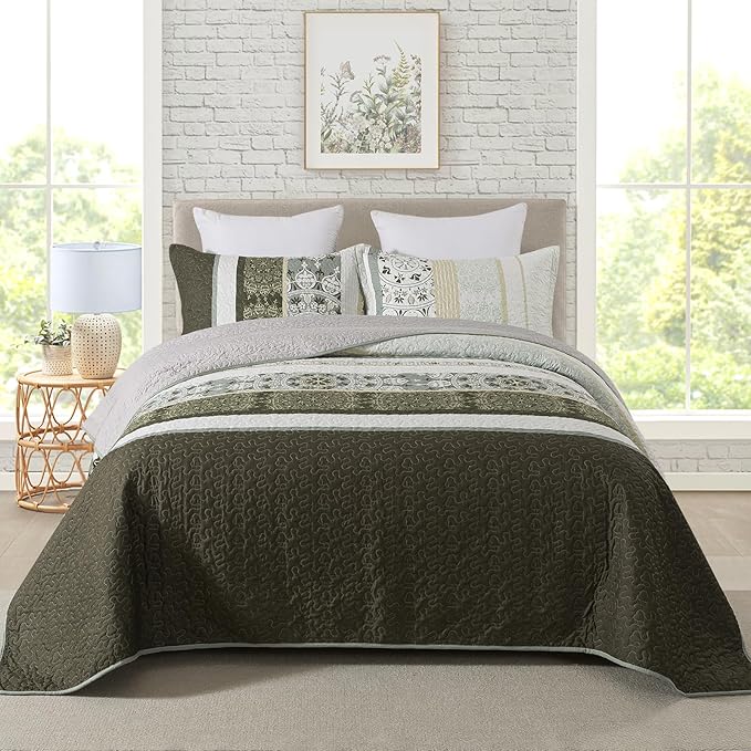 Travan 3-Piece Quilt Set Floral Printed Oversized Quilted Bedding Set Quilted Bedspread Reversible Quilted Bedding Set Garden Style with Shams for All Season, Exquisite, Queen Size