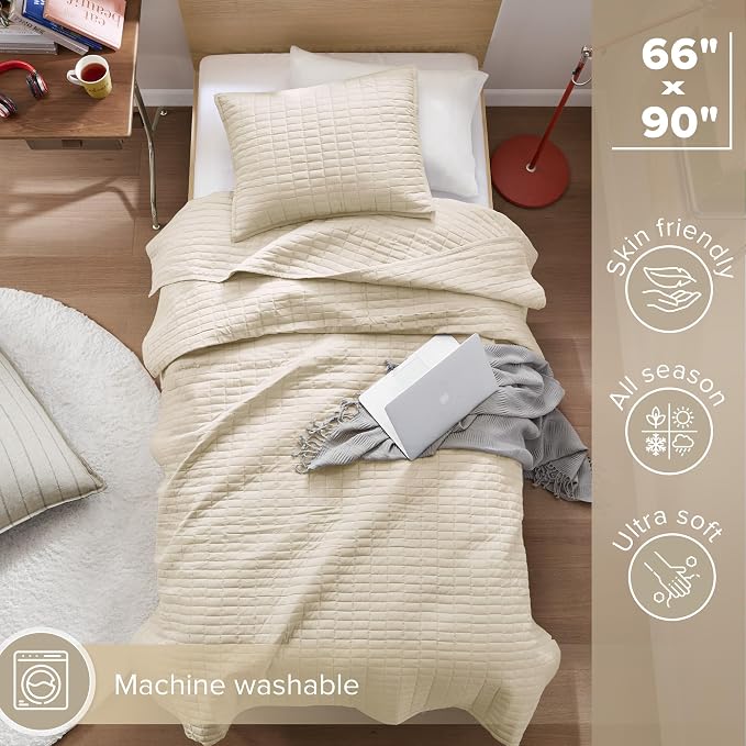 Comfort Spaces Kienna Twin Quilt Bedding Set 2 Piece, 66"x 90" Ivory | Soft Cozy Lightweight Summer Twin XL Coverlet for College Dorm, Quilted Extra Layer, Modern Casual Bedroom Decor, OEKO-TEX