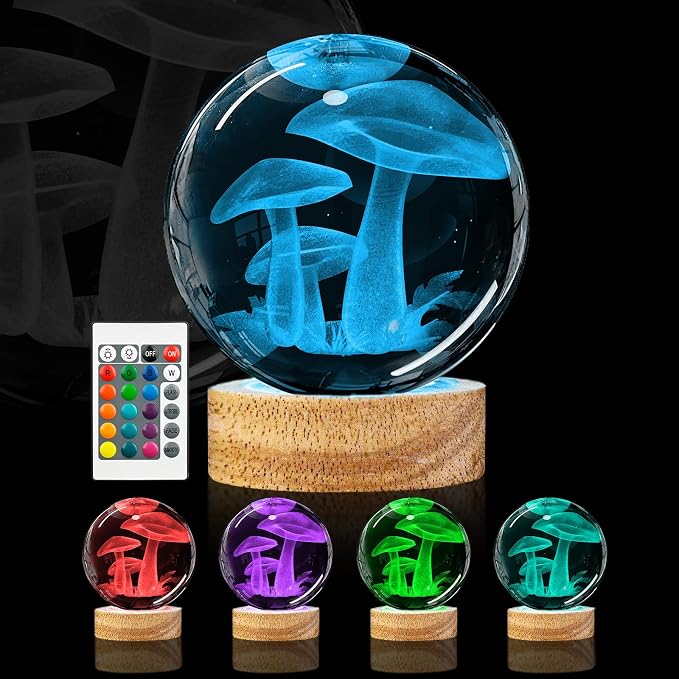 Mushroom Crystal Ball Night Light - 3.15 inch Glass Ball Lamp with 16 Color Changing Wooden Base and Remote - Ideal Gifts for Friends, Kids, Christmas, Birthday - Cute Mushroom Decor