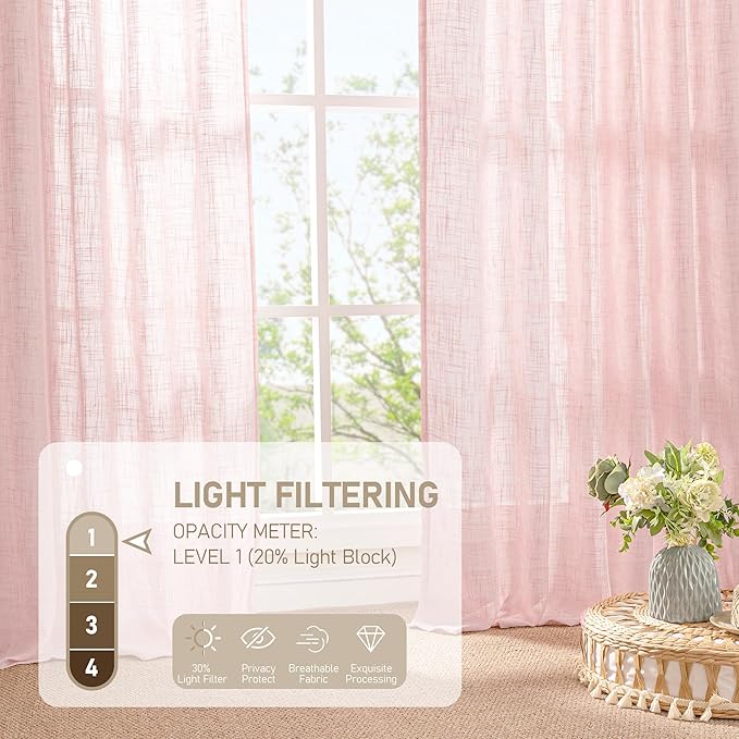 Pink Linen Curtains 54 Inch Length for Bedroom, 52 x 54 Inch | Light Filtering Panels, Semi Sheer, Rod Pocket Back Tab, Country Decor Drapes for Bathroom, Window, Living Room, 2 Panels