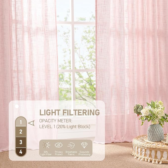 54 Inch Semi Sheer Window Linen Curtains, Light Filtering Panels | Faux Linen Textured, Rod Pocket Back Tab, Country Decor Drapes for Bedroom, Girl'Room, Pink, 2 Panels, 34 x 54 Inch