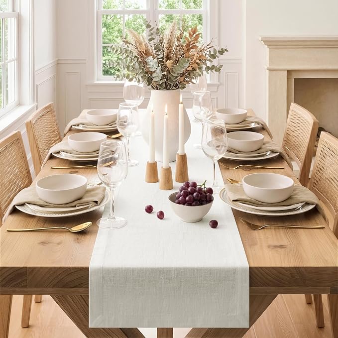 100% Natural Cotton Linen Table Runner, 14x90in Natural White | 75% Linen 25% Cotton, Soft Breathable, Mitered Stitched Corner, Textured Farmhouse Table Runner, Rustic Home Kitchen Decor