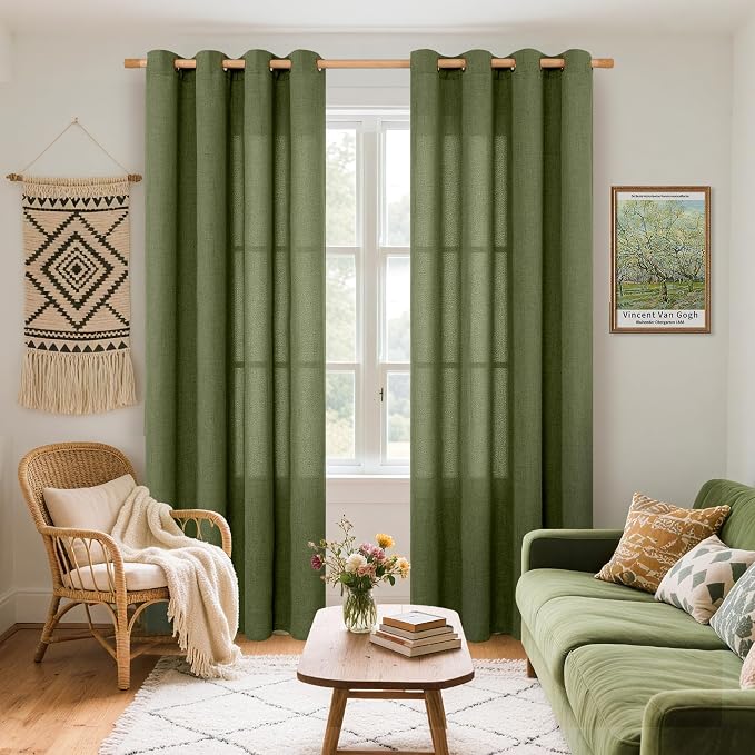 YoungsTex Olive Green Linen Curtains, Semi Sheer Drapes for Living Room | 84 Inches Long Light Filtering Drapes with Grommet Textured for Dining Bedroom Window, 2 Panels, 52 X 84 Inch
