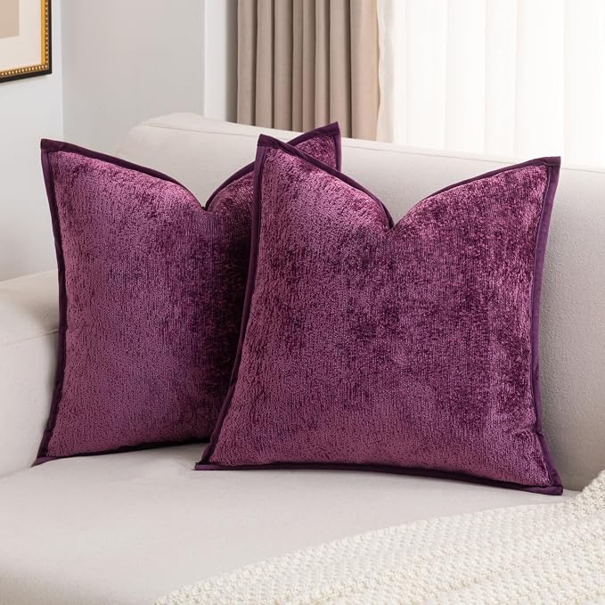 FUTEI Pack of 2 Chenille Soft Throw Pillow Covers 20x20 Inch, Purple