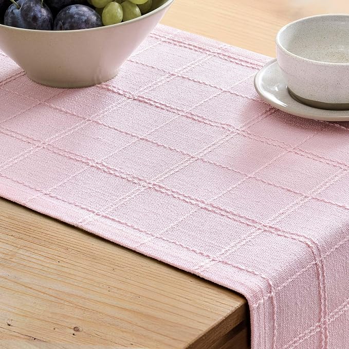 ZeeMart Linen Checked Farmhouse Table Runner, 13x48 Inches Pink | Raised Grid Design, Rich Woven Texture, Linen Blend Table Runners 48 Inches Long, Machine Washable, Boho Home Kitchen Decor