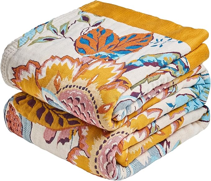 MSGKV Boho Throw Blanket 90"x90" Summer Cotton Floral Blanket for Couch | 100% Cotton Muslin, Floral Throw Blanket, Reversible Weave, Soft & Breathable, Everyday Home Comfort, Machine Washable