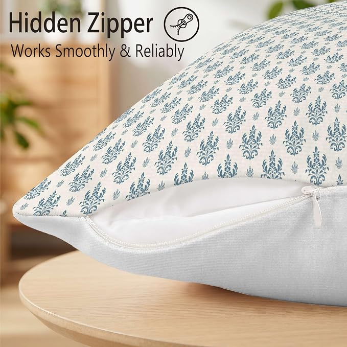 Hexagram Floral Pillow Covers 18x18, Vintage Blue Throw Pillow Covers | Aqua Blue, Set of 2, Farmhouse Neutral Decorative for Couch Pillows, Home Decor, Living Room, Bedroom, No Insert