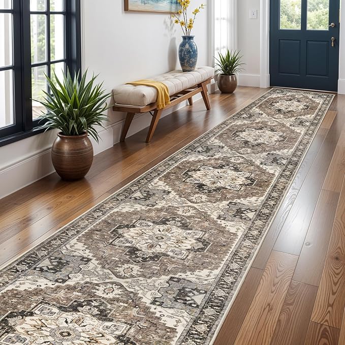 3x20 Washable Hallway Runner Rug - Hallway Rug Distressed Mats Non-Slip Soft Kitchen Room Floor Carpet for Dining Room (Beige,3x20)