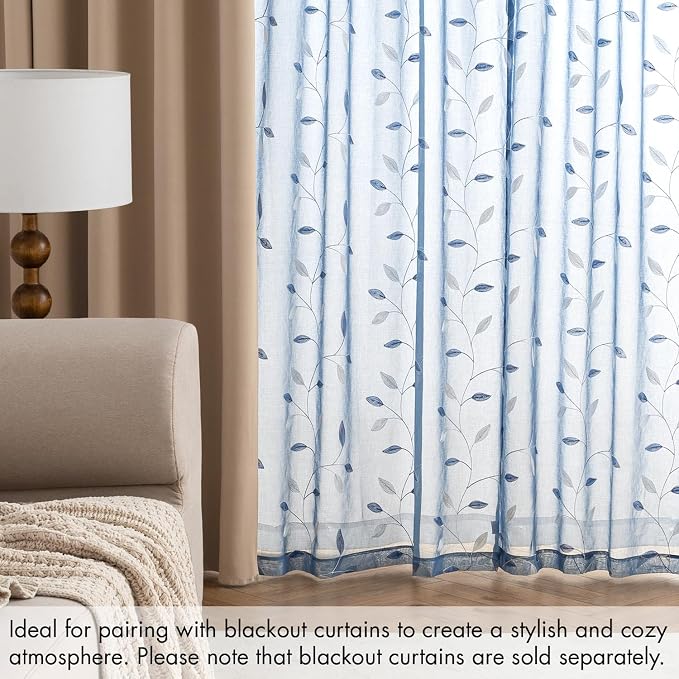 MIULEE Dusty Blue Sheer Curtains 2 Panels Leaf Patterned, W52 x L84 | Embroidered Floral Semi Sheer,Rod Pocket,Faux Linen,Short Window Curtains Drapes Set for Kitchen/Bathroom/Cafe