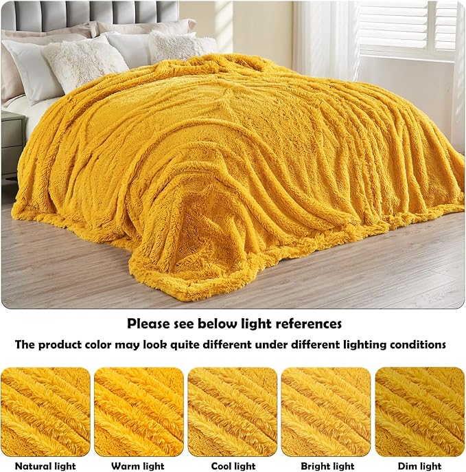 GONAAP Fuzzy Faux Fur Queen Blanket for Couch, Mustard Yellow, 90"x90" | Warm Cozy Plush Shaggy Decorative Reversible Thick Non-Heated Fleece Blanket for Sofa Bed, Gift for Women Men, All Season Use
