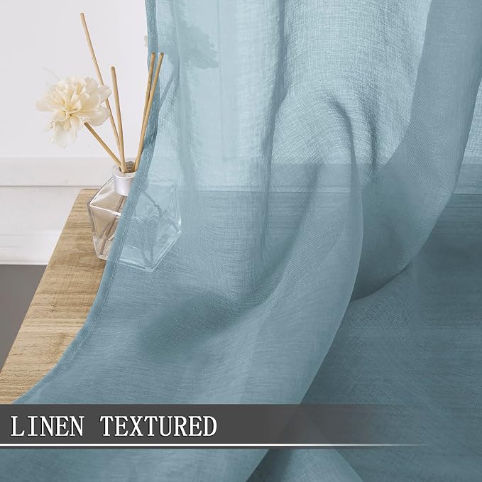 Tollpiz Sheer Curtains Linen Textured Living Room Curtain Sheers Light Filtering Rod Pocket Voile Curtains for Bedroom, 42 x 63 inches Long, Dusty Blue, Set of 2 Panels