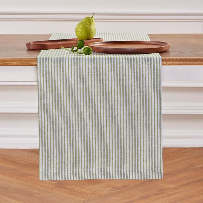 Solino Home 100% Linen Table Runner, 14 x 144 in, Avocado and White Striped | Narrow Stripe, styles dining tables for meals and celebrations, woven stripe, European flax fibres, soft, OEKO-TEX Certified