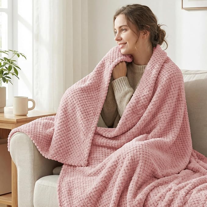 Exclusivo Mezcla Soft Waffle Fleece Bed Blanket Queen Size, Pink | Lightweight Plush Blanket for Bed, Bedroom, Cozy Flannel with Waffle Texture, Stylish Home Decor, All Season, 90x90 Inches