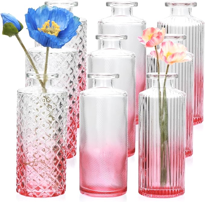 Pink Glass Bud Vase Set in Bulk, 9pcs Mini Vintage Flower Vases | Small Vases for Centerpieces,Pink Small Flower Vase ,Home Table,Flower Decor, Party Decorations,Wedding