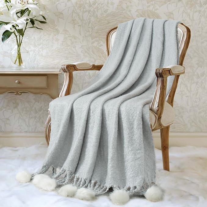 Grey Pom Pom Throw Blanket for Couch, 50"X60" Soft Lightweight Knitted Farmhouse Decorative Blankets for Bed and Sofa