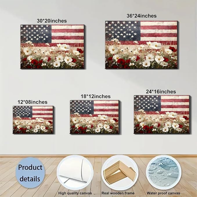 Framed American Flag Mason Jar Wall Art, Patriotic Farmhouse Canvas Art Pictures, USA Rustic Wall Decor, Made in USA Ready to Hang for Kitchen Dining Room