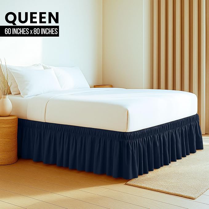 Wrap Around Queen Bed Skirt, Easy Fit Elastic Belt, 16 Inch Drop, Navy | No Mattress Lifting, Stay-Put Design, Adjustable Buckle & Elastic Belt, Wrinkle & Fade Resistant, Brushed Microfiber