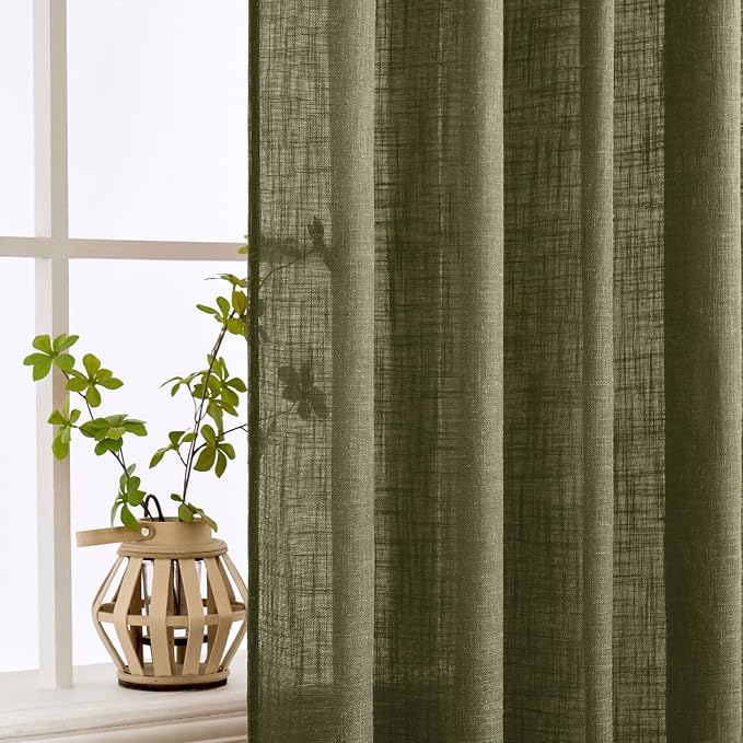 MIULEE Light Olive Green Linen Curtains 52x90 Inch Long 2 Panel for Bedroom | Living Room, Soft Linen Textured Natural Window Drapes, Semi Sheer Light Filtering, Back Tab Rod Pocket, Burlap Look Decor