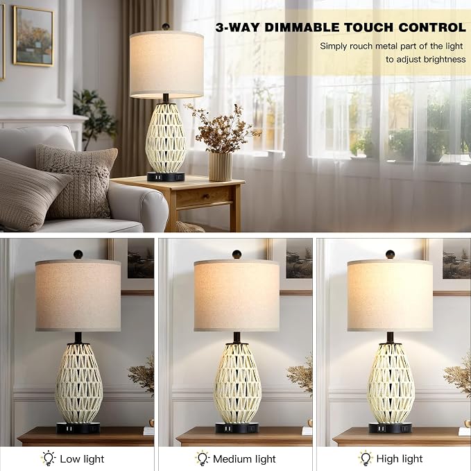 CINSARY Touch Control Rattan Table Lamps, 3 Way Dimmable Bedside Lamps for Bedroom Set of 2 with 2 USB Ports and AC Outlet, Wicker Nightstand Lamps for Living Room (LED Bulbs Included), White
