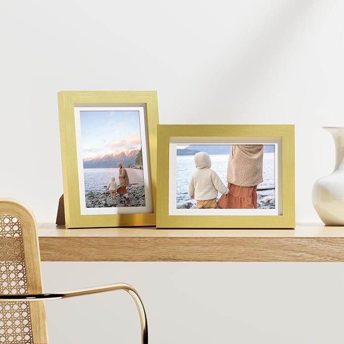 Vittanly 5x7 Picture Frames Set of 9 for Wall or Tabletop Display, Gold | Display Pictures 4x6 with Mat or 5x7 without Mat, Small Photo Frames, Engineered Wood with Shatter Resistant Plexiglass