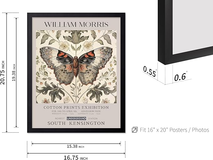 Poster Master William Morris Poster - Butterfly Print - Moth Illustration - Botanical Art - Flower Art - Exhibition Illustration - Animal Illustration - Floral Painting - Aesthetic Office or Bedroom Decor - 16x20 Black Framed