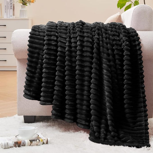 BEDELITE Ribbed Jacquard Black Fleece Throw Blanket for Couch, 50x60 Inch | Soft Warm Decorative Fluffy Blanket, Cozy Plush Lightweight Fuzzy Throw Blanket for Bed Sofa Home Room Decor, Gift for Women