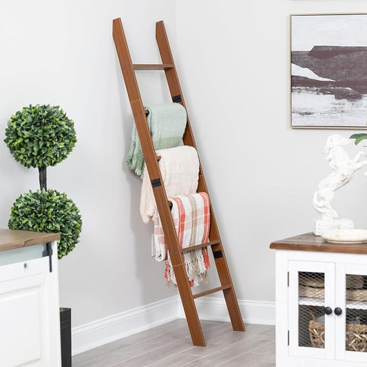 Blanket Ladder for the Living Room and Bedroom, Quilt Rack, 6-Tier, Brown | 5ft 8 inch, Wall Leaning Blanket Holder, Laminate Snag Free, Rustic Decorative Farmhouse Ladder Shelf for Blankets