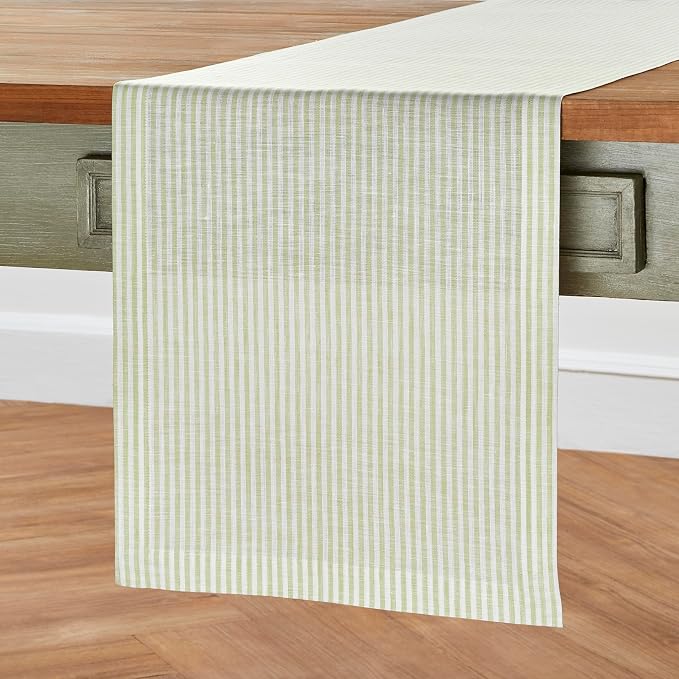 Solino Home 100% Pure Linen Table Runner, 14 x 48 in, Sage and White Stripe | Narrow Stripe, styles dining tables for meals and celebrations, European flax fibres, soft to the touch, OEKO-TEX Certified