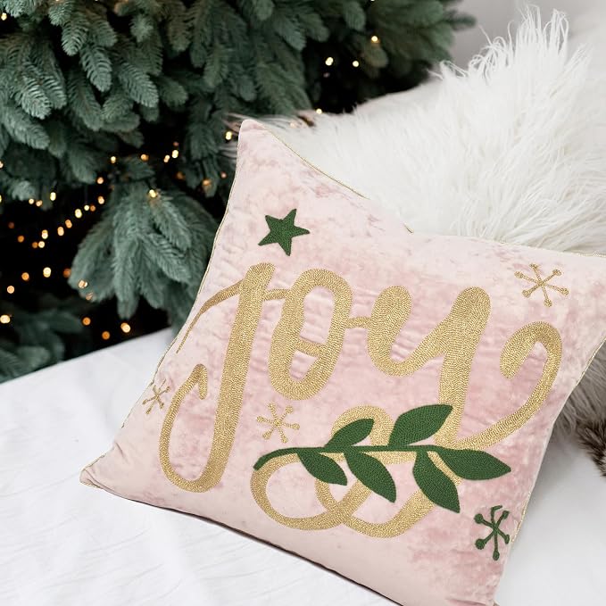 Joy Christmas Pillow Covers 18x18,Embroidered Velvet Christmas Throw Pillow Covers Christmas Decorations Holiday Pillows for Home Couch,Pink Blush/Gold