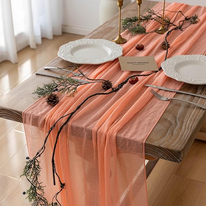 Fresh Salmon Cheesecloth Table Runner 120 Inches for Party Home Decorations | For Thanksgiving Friendsgiving Wedding Bridal Shower Baby Shower Engagement Party 10FT Rustic Boho Home Decor