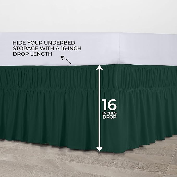 Wrap Around Queen Bed Skirt, Easy Fit Elastic Belt, 16 Inch Drop, Emerald | No Mattress Lifting, Stay-Put Design, Adjustable Buckle & Elastic Belt, Wrinkle & Fade Resistant, Brushed Microfiber