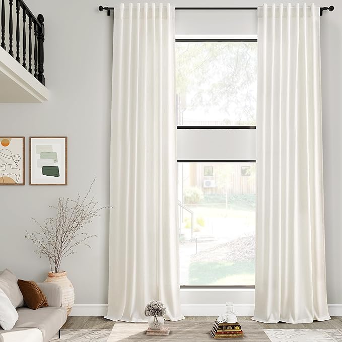 Extra Long Curtains 2 Panels 204 Inches Long for Dinning Room Cream Back Tab Rod Pocket Light Filtering Semi Sheer Drapes Cotton Linen Textured Window Curtain for Bedroom 52x204