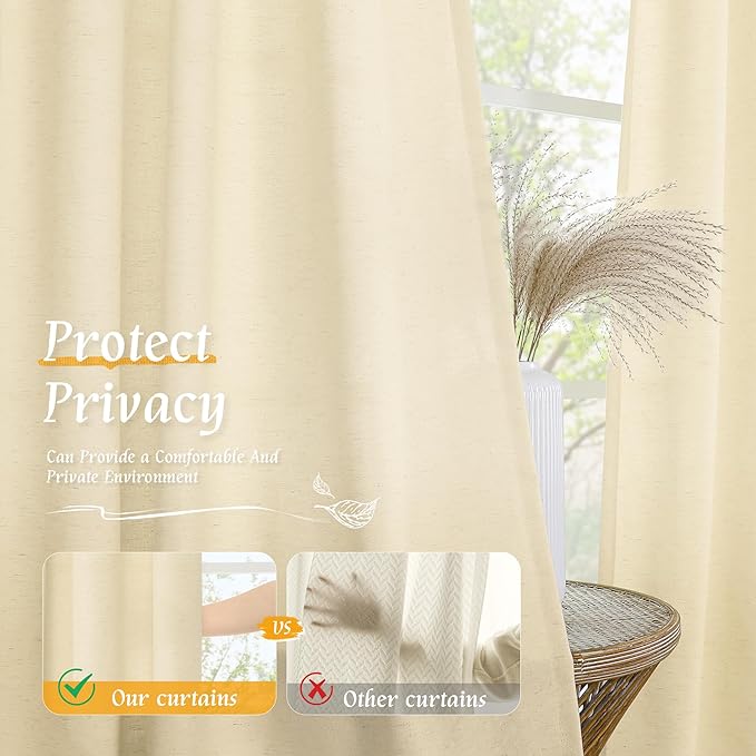 Semi Sheer Beige Linen Curtains 63 Inch Length for Bedroom 2 Panels | Light Filtering, Neutral, Faux Linen Textured, Soft, Privacy Curtains, Living Room Window Drapes, Rod Pocket, 52 x 63 Inch