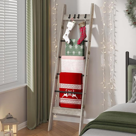 Hzuaneri Blanket Ladder Decorative Quilt Rack with 4 Removable Hooks | 6-Tier Farmhouse Ladder Holder Shelf Organizer for Living Room Bedroom, Greige and Black BR31505B